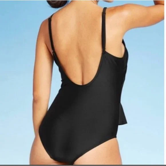 Kona Sol Women's ruffle front maillot black swimsuit NEW M - Picture 2 of 8
